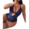 imageSOLY HUX Womens Plus Size Lace Lingerie Set Deep V Neck Teddy Bodysuit Babydoll Nightwear with Leg RingSolid Blue