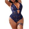 imageSOLY HUX Womens Plus Size Lace Lingerie Set Deep V Neck Teddy Bodysuit Babydoll Nightwear with Leg RingSolid Blue
