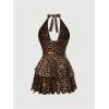 imageSOLY HUX Womens Plus Size Leopard Print Halter Dress Y2k Gothic Deep V Cheetah Tie Backless Layered Ruffle Mini DressesBrown Leopard
