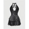 imageSOLY HUX Womens Plus Size Leopard Print Halter Dress Y2k Gothic Deep V Cheetah Tie Backless Layered Ruffle Mini DressesGrey Leopard