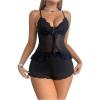 imageSOLY HUX Womens 2 Piece Lace Pajama Set Mesh Sheer Ruffle Deep V Neck Top and Shorts Set NightwearPlain Black