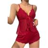 imageSOLY HUX Womens 2 Piece Lace Pajama Set Mesh Sheer Ruffle Deep V Neck Top and Shorts Set NightwearPure Burgundy