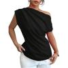 imageSOLY HUX Womens Blouse Ruched Off The Shoulder Short Sleeve Asymmetric Neck Summer TopsSolid Black