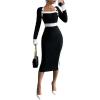 imageSOLY HUX Womens Long Sleeve Square Neck Bodycon Elegant Midi Dress Pencil Cocktail Party DressesBlack and White