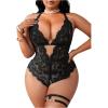 imageSOLY HUX Womens Plus Size Lace Lingerie Set Deep V Neck Teddy Bodysuit Babydoll Nightwear with Leg RingSolid Black