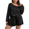 imageSOLY HUX Womens Plus Size Pajama Set Lettuce Trim Long Sleeve Sleepwear T Shirt Tops and Shorts LoungewearPlain Black
