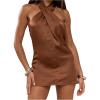 imageSOLY HUX Womens Satin Halter Dress Tie Backless Criss Cross Mini Cocktail Party DressesPlain Brown