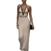imageSOLY HUX Womens Tie Backless Maxi Halter Dress Deep V Neck Sleeveless Knit Elegant DressesPlain Light Brown