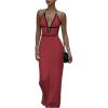 imageSOLY HUX Womens Tie Backless Maxi Halter Dress Deep V Neck Sleeveless Knit Elegant DressesPlain Red
