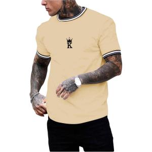 imageSOLY HUX Mens Crown Letter Print Striped Trim Tee Tops Short Sleeve Crew Neck Summer T ShirtApricot Graphic