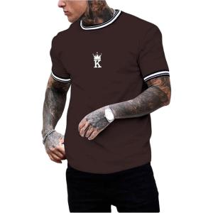 imageSOLY HUX Mens Crown Letter Print Striped Trim Tee Tops Short Sleeve Crew Neck Summer T ShirtBrown Letter Crown