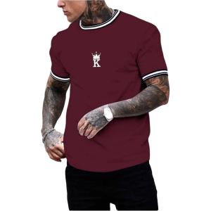imageSOLY HUX Mens Crown Letter Print Striped Trim Tee Tops Short Sleeve Crew Neck Summer T ShirtBurgundy Graphic
