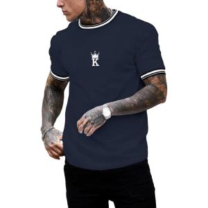imageSOLY HUX Mens Crown Letter Print Striped Trim Tee Tops Short Sleeve Crew Neck Summer T ShirtDark Blue