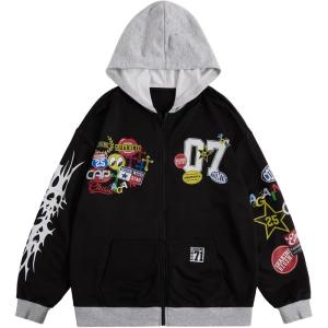 imageSOLY HUX Mens Graphic Oversized Hoodies Y2k Zip Up Long Sleeve Hooded Sweatshirt Jacket StreetwearBlack Grey