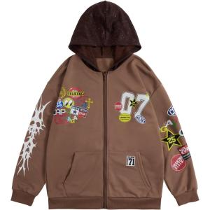 imageSOLY HUX Mens Graphic Oversized Hoodies Y2k Zip Up Long Sleeve Hooded Sweatshirt Jacket StreetwearCoffee Brown