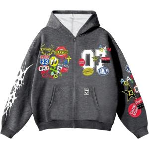 imageSOLY HUX Mens Graphic Oversized Hoodies Y2k Zip Up Long Sleeve Hooded Sweatshirt Jacket StreetwearDark Grey Graphic