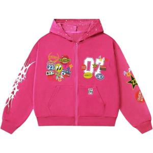 imageSOLY HUX Mens Graphic Oversized Hoodies Y2k Zip Up Long Sleeve Hooded Sweatshirt Jacket StreetwearHot Pink