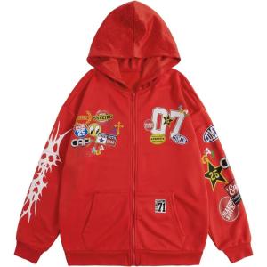 imageSOLY HUX Mens Graphic Oversized Hoodies Y2k Zip Up Long Sleeve Hooded Sweatshirt Jacket StreetwearRed Graphic
