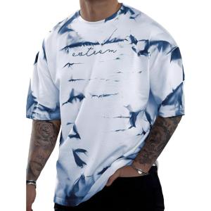 imageSOLY HUX Mens Graphic Tie Dye T Shirt Letter Print Crew Neck Short Sleeve Casual Summer Tee TopsBlue and White Letter