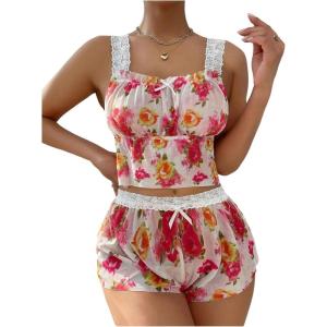 imageSOLY HUX Pajama Sets for Women 2 Piece Floral Mesh Lace Sleepwear Cami Tops and Shorts LoungewearMulticoloured Floral