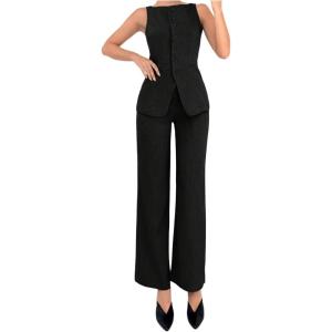 imageSOLY HUX Womens 2 Piece Business Casual Outfit Button Down Boat Neck Sleeveless Vest and Pants SetPlain Black