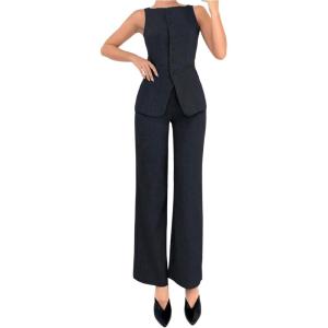 imageSOLY HUX Womens 2 Piece Business Casual Outfit Button Down Boat Neck Sleeveless Vest and Pants SetPlain Dark Blue