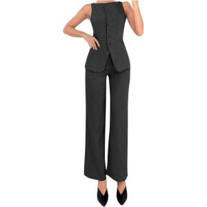 imageSOLY HUX Womens 2 Piece Business Casual Outfit Button Down Boat Neck Sleeveless Vest and Pants SetPlain Dark Grey