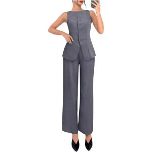 imageSOLY HUX Womens 2 Piece Business Casual Outfit Button Down Boat Neck Sleeveless Vest and Pants SetPlain Dusty Blue