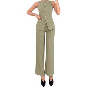 imageSOLY HUX Womens 2 Piece Business Casual Outfit Button Down Boat Neck Sleeveless Vest and Pants SetPlain Green