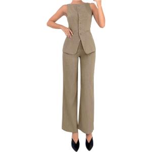 imageSOLY HUX Womens 2 Piece Business Casual Outfit Button Down Boat Neck Sleeveless Vest and Pants SetPlain Khaki