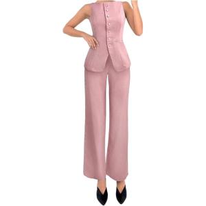 imageSOLY HUX Womens 2 Piece Business Casual Outfit Button Down Boat Neck Sleeveless Vest and Pants SetPlain Pink
