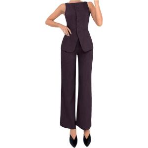 imageSOLY HUX Womens 2 Piece Business Casual Outfit Button Down Boat Neck Sleeveless Vest and Pants SetPlain Red Violet
