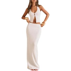 imageSOLY HUX Womens 2 Piece Evening Party Outfit Elegant Split Hem Halter Crop Top and Maxi Skirt SetSolid White