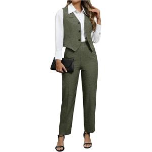imageSOLY HUX Womens 2 Piece Outfits V Neck Button Down Sleeveless Blazer Vest and Pants Work Office SetPlain Army Green