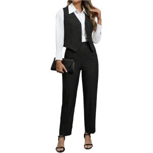 imageSOLY HUX Womens 2 Piece Outfits V Neck Button Down Sleeveless Blazer Vest and Pants Work Office SetPlain Black