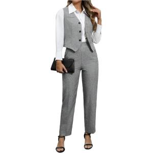 imageSOLY HUX Womens 2 Piece Outfits V Neck Button Down Sleeveless Blazer Vest and Pants Work Office SetPlain Grey