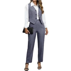 imageSOLY HUX Womens 2 Piece Outfits V Neck Button Down Sleeveless Blazer Vest and Pants Work Office SetPure Blue