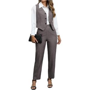 imageSOLY HUX Womens 2 Piece Outfits V Neck Button Down Sleeveless Blazer Vest and Pants Work Office SetPure Grey