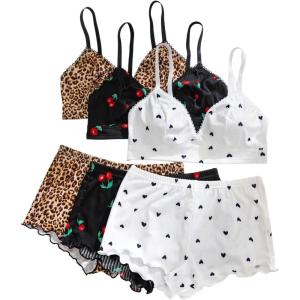 imageSOLY HUX Womens 6 Piece Lingerie Set Cute Lace Trim Bra and Boyshorts SleepwearMulticoloured Graphic