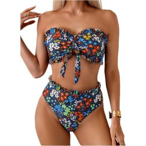 imageSOLY HUX Womens Bandeau Bikini Set Tie Knot Front Frill Strapless High Waisted Bathing Suit Two Piece SwimsuitMulti Flower Printed