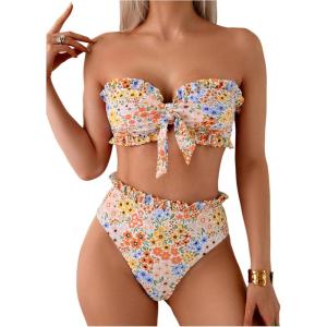 imageSOLY HUX Womens Bandeau Bikini Set Tie Knot Front Frill Strapless High Waisted Bathing Suit Two Piece SwimsuitMulticoloured Flower