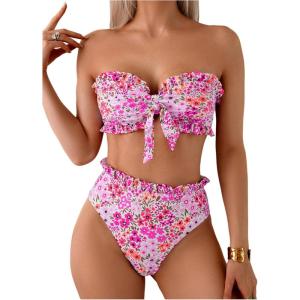 imageSOLY HUX Womens Bandeau Bikini Set Tie Knot Front Frill Strapless High Waisted Bathing Suit Two Piece SwimsuitPink Floral