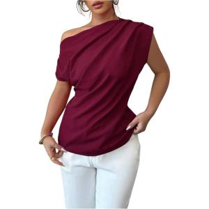 imageSOLY HUX Womens Blouse Ruched Off The Shoulder Short Sleeve Asymmetric Neck Summer TopsPlain Burgundy
