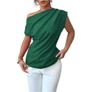 imageSOLY HUX Womens Blouse Ruched Off The Shoulder Short Sleeve Asymmetric Neck Summer TopsPlain Dark Green