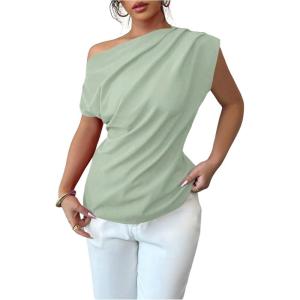 imageSOLY HUX Womens Blouse Ruched Off The Shoulder Short Sleeve Asymmetric Neck Summer TopsPlain Green