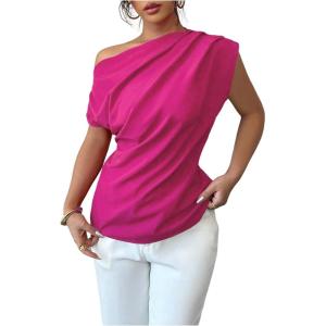 imageSOLY HUX Womens Blouse Ruched Off The Shoulder Short Sleeve Asymmetric Neck Summer TopsPlain Hotpink