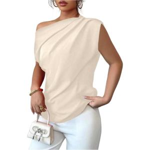 imageSOLY HUX Womens Blouse Ruched Off The Shoulder Short Sleeve Asymmetric Neck Summer TopsSolid Apricot