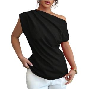 imageSOLY HUX Womens Blouse Ruched Off The Shoulder Short Sleeve Asymmetric Neck Summer TopsSolid Black