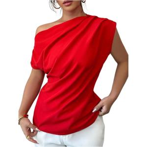 imageSOLY HUX Womens Blouse Ruched Off The Shoulder Short Sleeve Asymmetric Neck Summer TopsSolid Red