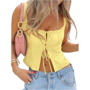 imageSOLY HUX Womens Bow Tie Front Tank Top Sleeveless Square Neck Y2k Crop TopsSolid Yellow